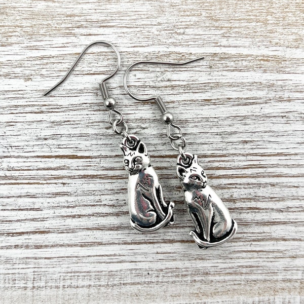 Tierracast Silver Plated Pewter Cat Earring ~ Cat Jewelry ~ Animal Earrings ~ Cat Gift ~ Sitting Cat Charm Earrings ~ Gift Box