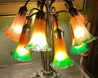 Art Nouveau Style Lily Lamp: Hand Blown Glass Shades, Resin Base