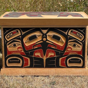 Large Hand-Carved Cedar Chest By John Wolf: Coast Salish Thunderbird & Orca Design
