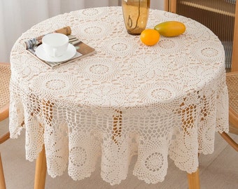 Hand Crochet Round Lace Tablecloth French Country Rustic Farmhouse