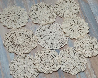 Set of 10 Hand Crochet Round Doilies Farmhouse Table Placemats Coasters Plant Mats