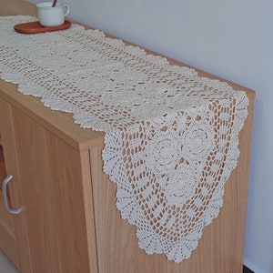 Hand Crochet Lace Table Runner French Country Farmhouse Dresser Scarf