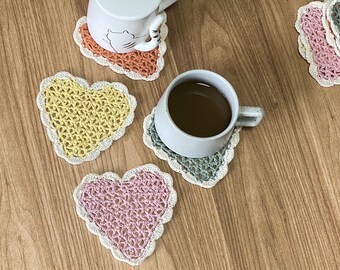 Set of 4 Hand Crochet Heart Lace Fabric Coasters For Cafe Bar Coffee Tables