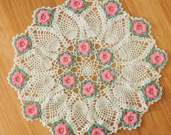 Hand Crochet Round Pineapple Rose Doily Victorian French Country Rustic Wedding Fabric Table Centerpiece Runner