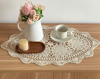 Hand Crochet Lace Oval Table Runner Farmhouse Dresser Scarf French Country Boho Place Mat
