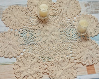 Hand Crochet Round Snowflake Lace Doily Table Runner French Country Christmas Wedding Decor