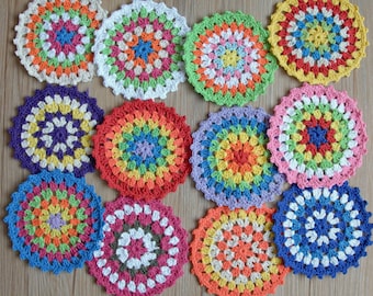 Lot 12 Assorted Hand Crochet Small Round Granny Squares Rainbow Doilies for crafts Bar Coasters Plant Place Mats
