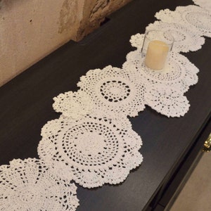 Hand Crochet White Doily Table Runner Dresser Scarf French Country Boho Wedding Party Farmhouse