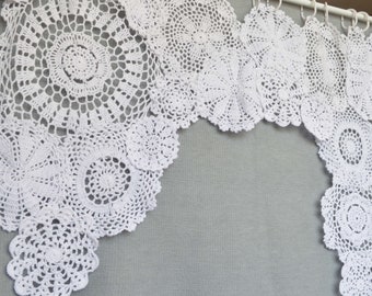 Hand Crochet White Lace Curtain Valance French Country Custom Made Rustic Unique Boho Snowflake Cafe Kitchen Tier