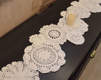 Hand Crochet White Doily Table Runner Dresser Scarf French Country Boho Wedding Party Farmhouse