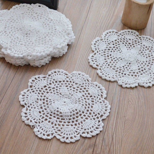 Lot 12 Round Hand Crochet White Lace Doilies Farmhouse Rustic Wedding Coasters for Tables