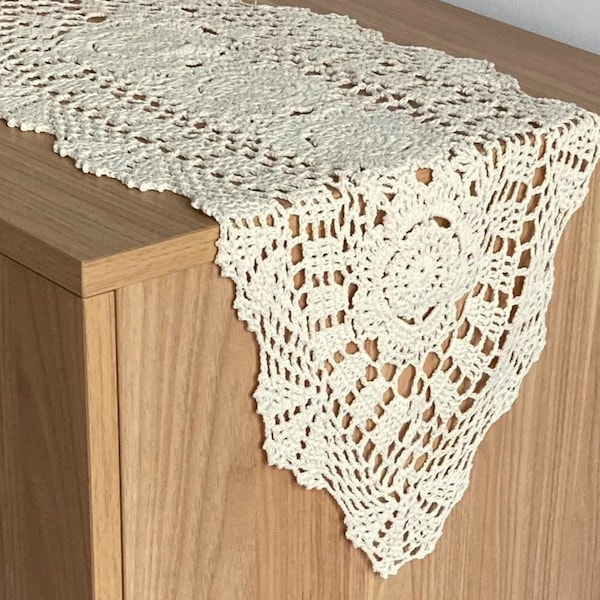Hand Crochet Lace Farmhouse Dresser Scarf Table Runner French Country Boho