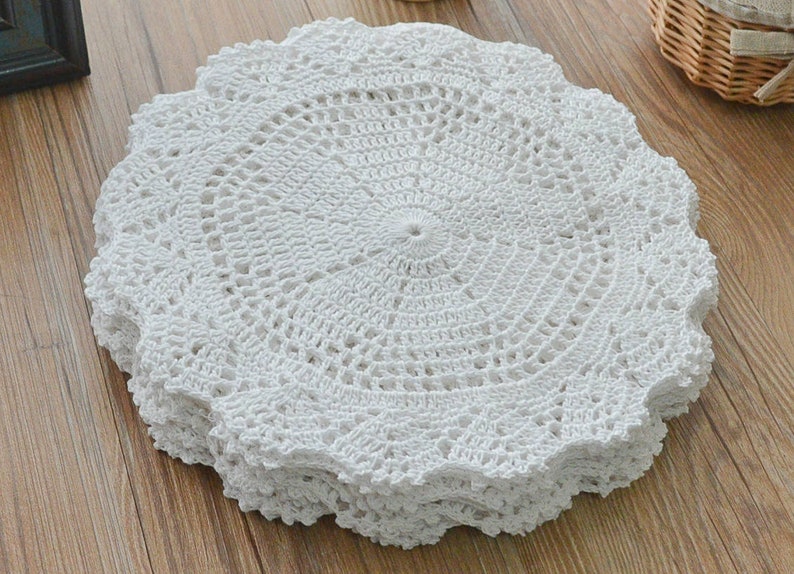 Lot 4 Hand Crochet White Doilies 10 Round Floral Wedding Placemats French Country Coasters Cotton image 1