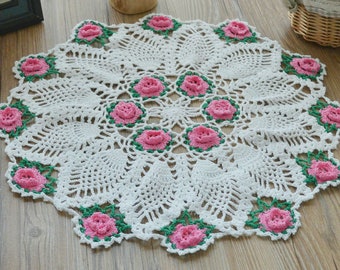 Round Hand Crochet White Pineapple Rose Doily Victorian French Country Rustic Wedding Table Topper Runner Decoration