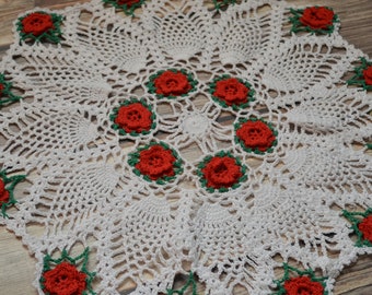 18" Round Hand Crochet White Pineapple Doily Red Rose Table Runner French Country Wedding Floral Cotton Table Cloth Topper