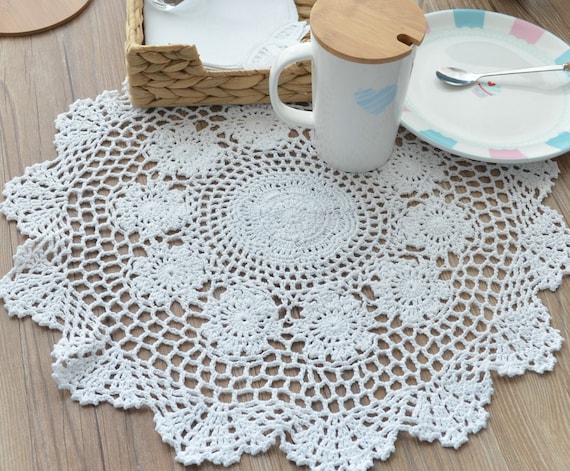 24" Round White Hand Crochet Doily Christmas Rustic Wedding Table Runner 