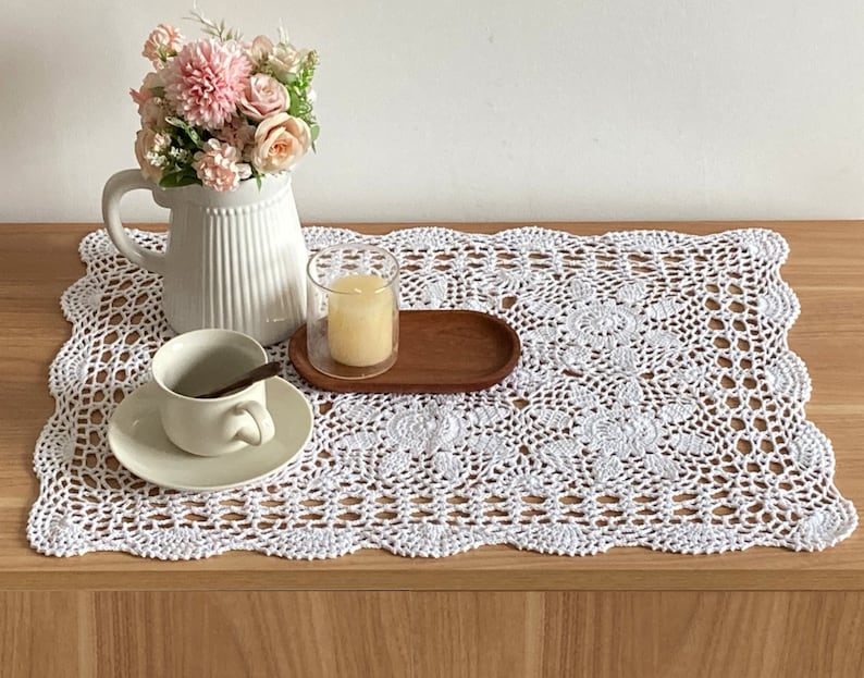 24 Hand Crochet Lace Doily Placemat Farmhouse Dresser Scarf Table Runner image 5