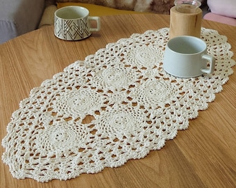 Hand Crochet Lace Fabric Small Oval Table Doily Runner Dresser Scarf French Country Farmhouse Boho