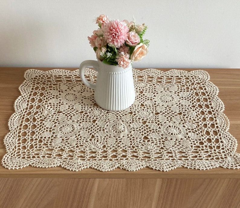24 Hand Crochet Lace Doily Placemat Farmhouse Dresser Scarf Table Runner image 4