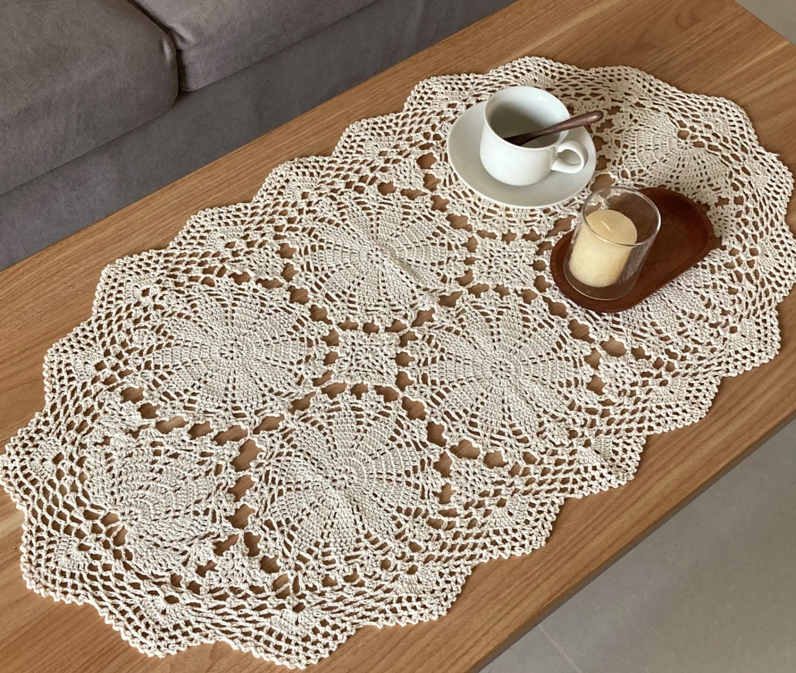 Hand Crochet Lace Doily Table Runner Farmhouse Dresser Scarf Place