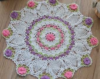 Round Crochet Pineapple Rose Lace Doily French Country Wedding Table Topper Runner