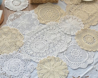 Lot 12 Assorted Hand Crochet Snowflake Doilies Farmhouse Table Placemats Runners Dresser Scarves Rustic Wedding Coasters