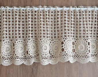 Hand Crochet Lace Kitchen Cafe Window Curtain Valance French Country Farmhouse Custom Made Rustic off white Tier