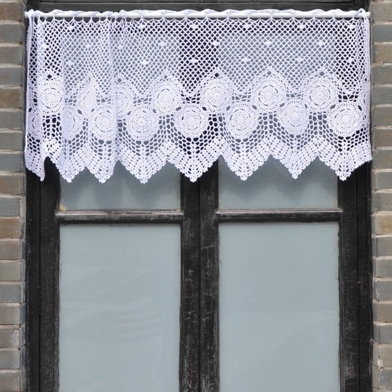 Hand Crochet Lace Tier Curtain Valance French Country Custom Canada Hand Crochet Lace Tier Curtain Valance, White Crochet Kitchen Curtains