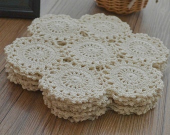 Lot 6 Hand Crochet Cream Doilies 10" Round Floral Wedding Coasters Cotton Plant Placemat Decoration