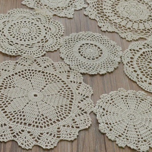 Lot 12 Hand Crochet Assorted Cream Round Doilies Mixed Snowflake Pineapple Floral Vintage Ecru Table Runners French Country Wedding Coasters image 2