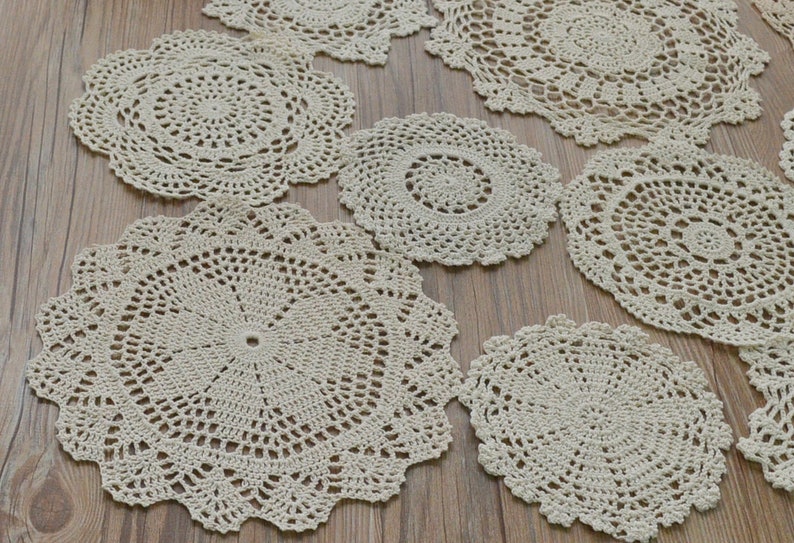 Lot 12 Hand Crochet Assorted Cream Round Doilies Mixed Snowflake Pineapple Floral Vintage Ecru Table Runners French Country Wedding Coasters image 2