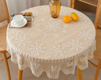 Hand Crochet Round Lace Tablecloth French Country Rustic Farmhouse Table Cover