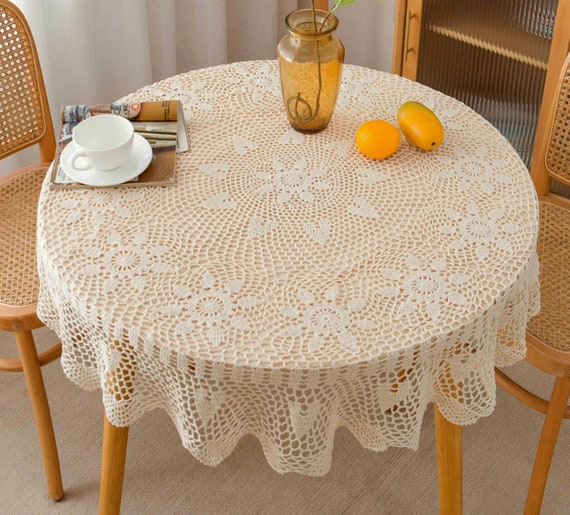 Hand Crochet Round Lace Tablecloth French Country Rustic Farmhouse Table Cover