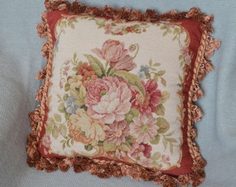 Aubusson Nadelspitze Kissen Schein handgemachte einzigartige Französisch Land Burgund viktorianischen Rose Square Quaste Wolle Kissen Fall