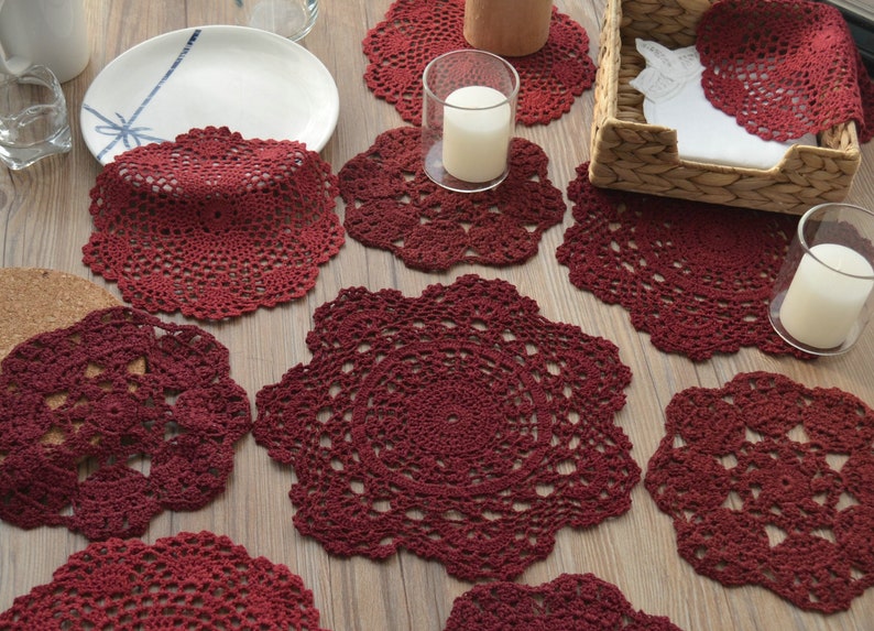 Lot 10 Assorted Hand Crochet Burgundy Lace Doilies French Etsy