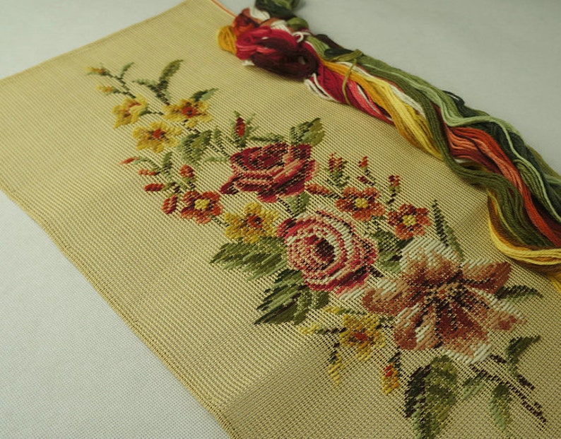 Tramme Preworked Needlepoint Canvas Kit Flowers with wool yarn Etsy