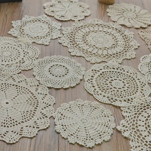 Lot 12 Hand Crochet Assorted Cream Round Doilies Mixed Snowflake Pineapple Floral Vintage Ecru Table Runners French Country Wedding Coasters