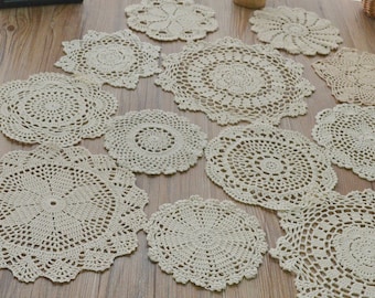 Lot 12 Hand Crochet Assorted Cream Round Doilies Mixed Snowflake Pineapple Floral Vintage Ecru Table Runners French Country Wedding Coasters