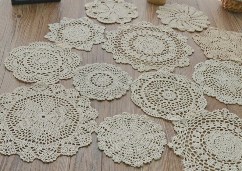 Lot 12 Hand Crochet Assorted Cream Round Doilies Mixed Snowflake Pineapple Floral Vintage Ecru Table Runners French Country Wedding Coasters
