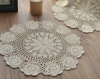 Round Crochet Snowflake Lace Doily Farmhouse Round Table Runner Placemat