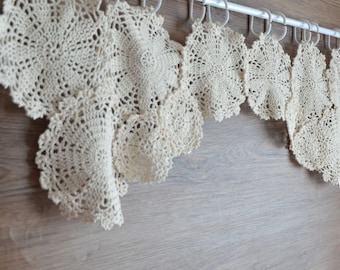 Hand Crochet Lace Cafe Kitchen Window Curtain Valance French Country Snowflake Custom Made Rustic Unique Boho