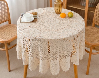 Hand Crochet Round Lace Tablecloth French Country Rustic Farmhouse