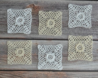 Lot 6 Hand Crochet Small Square Floral Doilies For Crafts