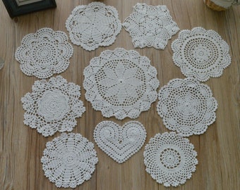 Lot 10 Mixed Hand Crochet White Doilies Assorted Table Runners Snowflake Pineapple Floral Heart Ornaments French Country Wedding Coasters