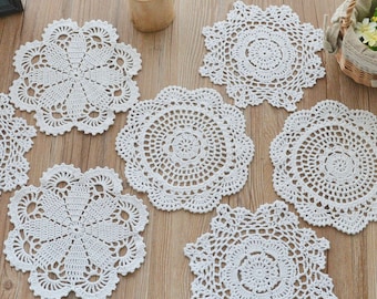 Lot 6 Hand Crochet Assorted Round Doilies Mixed Wedding Table Runners French Country Floral Snowflake Cotton Coasters