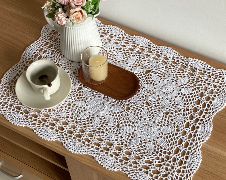 24 Hand Crochet Lace Doily Placemat Farmhouse Dresser Scarf Table Runner image 3