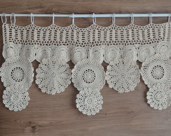 Hand Crochet Lace Curtain Valance French Country Custom Made Unique Cream Boho Snowflake Cafe Kitchen Tier