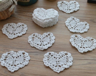 Dozen Hand Crochet 4" White Small Heart Shaped Doilies Lot Wedding Ornaments Sewing Appliques Scrapbook Anniversary Embellishments