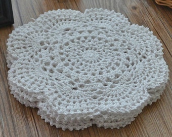 Dozen 8" Round Hand Crochet Lace Floral White Doilies French Country Rustic Wedding Coasters Planting Decoration