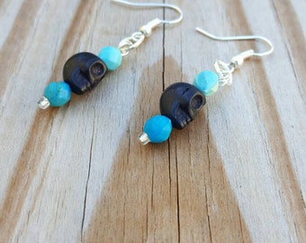 Pirate Blues and Black Skull Earrings